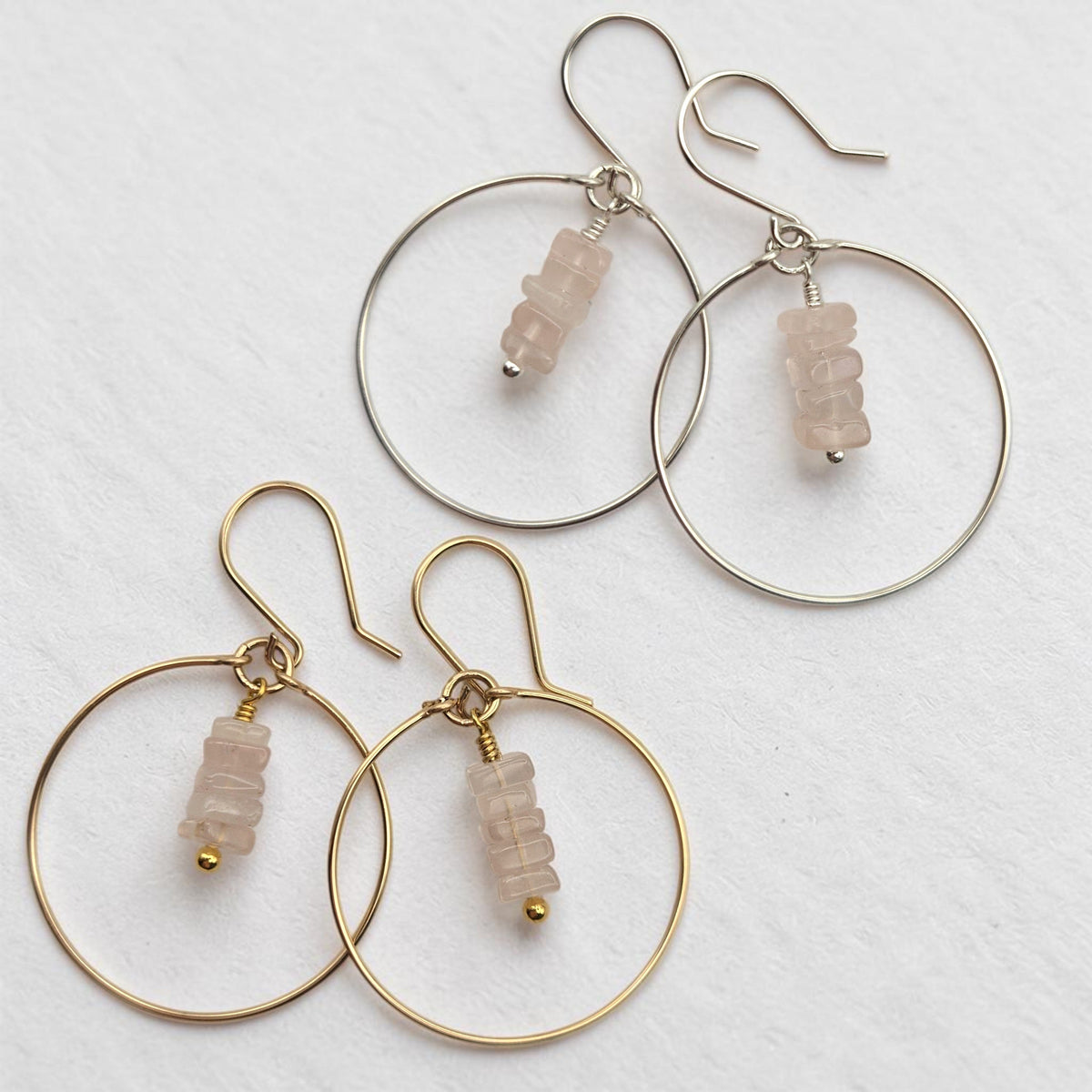 Bijou by SAM handmade hoop earrings featuring square-cut pale pink Rose Quartz stones in gold fill and sterling silver.