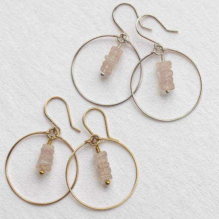 Bijou by SAM handmade hoop earrings featuring square-cut pale pink Rose Quartz stones in gold fill and sterling silver.