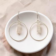 Bijou by SAM handmade sterling silver hoop earrings featuring a delicate stack of pale pink square-cut Rose Quartz.