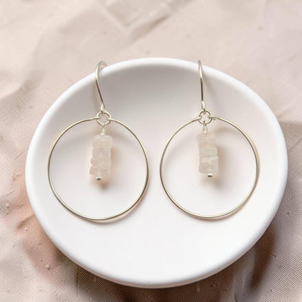 Bijou by SAM handmade sterling silver hoop earrings featuring a delicate stack of pale pink square-cut Rose Quartz.