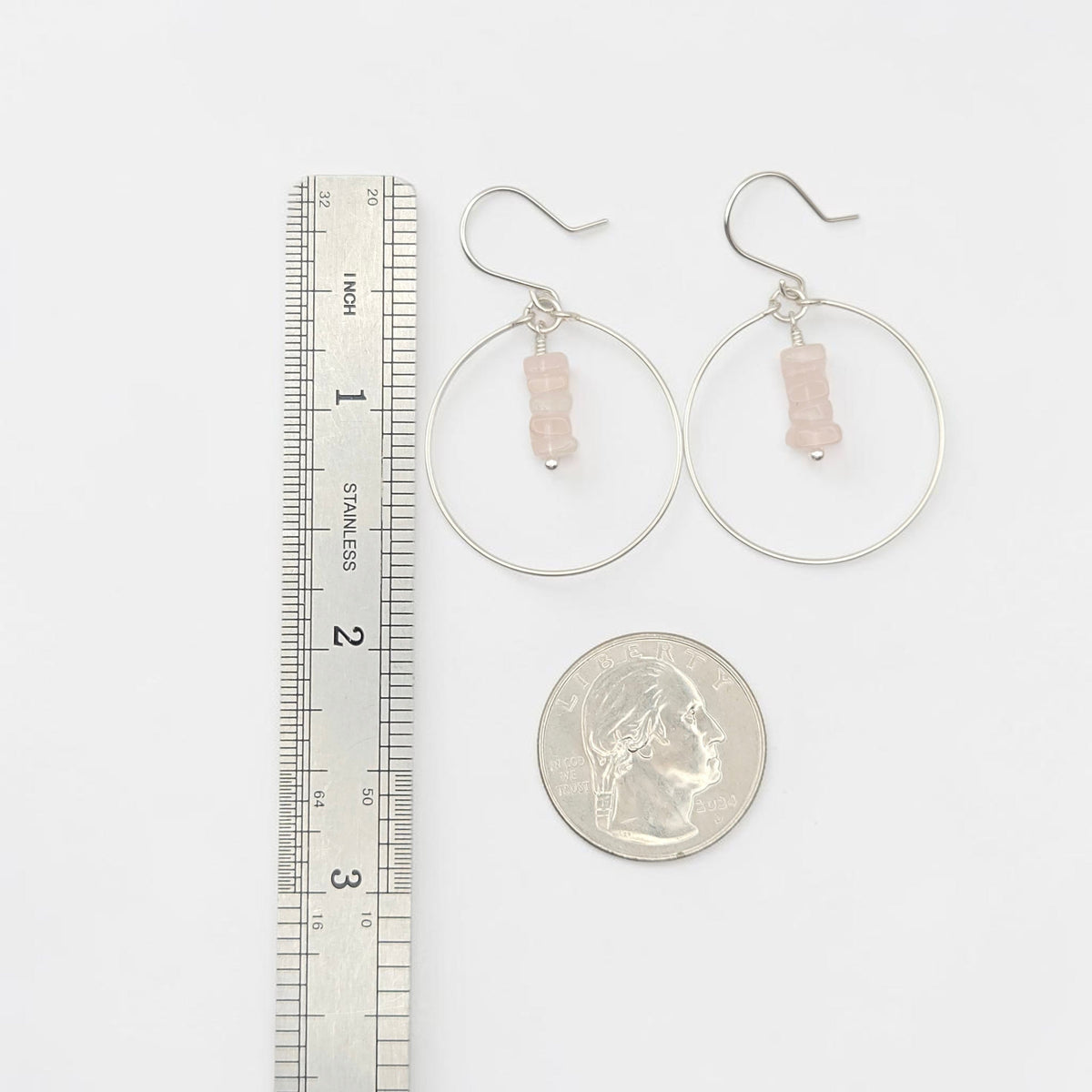 Bijou by SAM handmade sterling silver hoop earrings featuring a delicate stack of pale pink square-cut Rose Quartz.