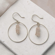 Bijou by SAM handmade sterling silver hoop earrings featuring a delicate stack of square-cut pale pink Rose Quartz.