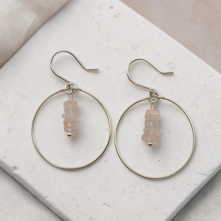 Bijou by SAM handmade sterling silver hoop earrings featuring a delicate stack of square-cut pale pink Rose Quartz.