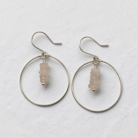 Bijou by SAM handmade sterling silver hoop earrings featuring a delicate stack of pale pink square-cut Rose Quartz.