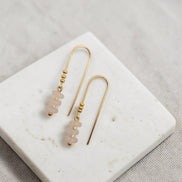 Bijou by SAM Aurora threader earrings featuring blush pink rose quartz beads on 14k gold fill wire.