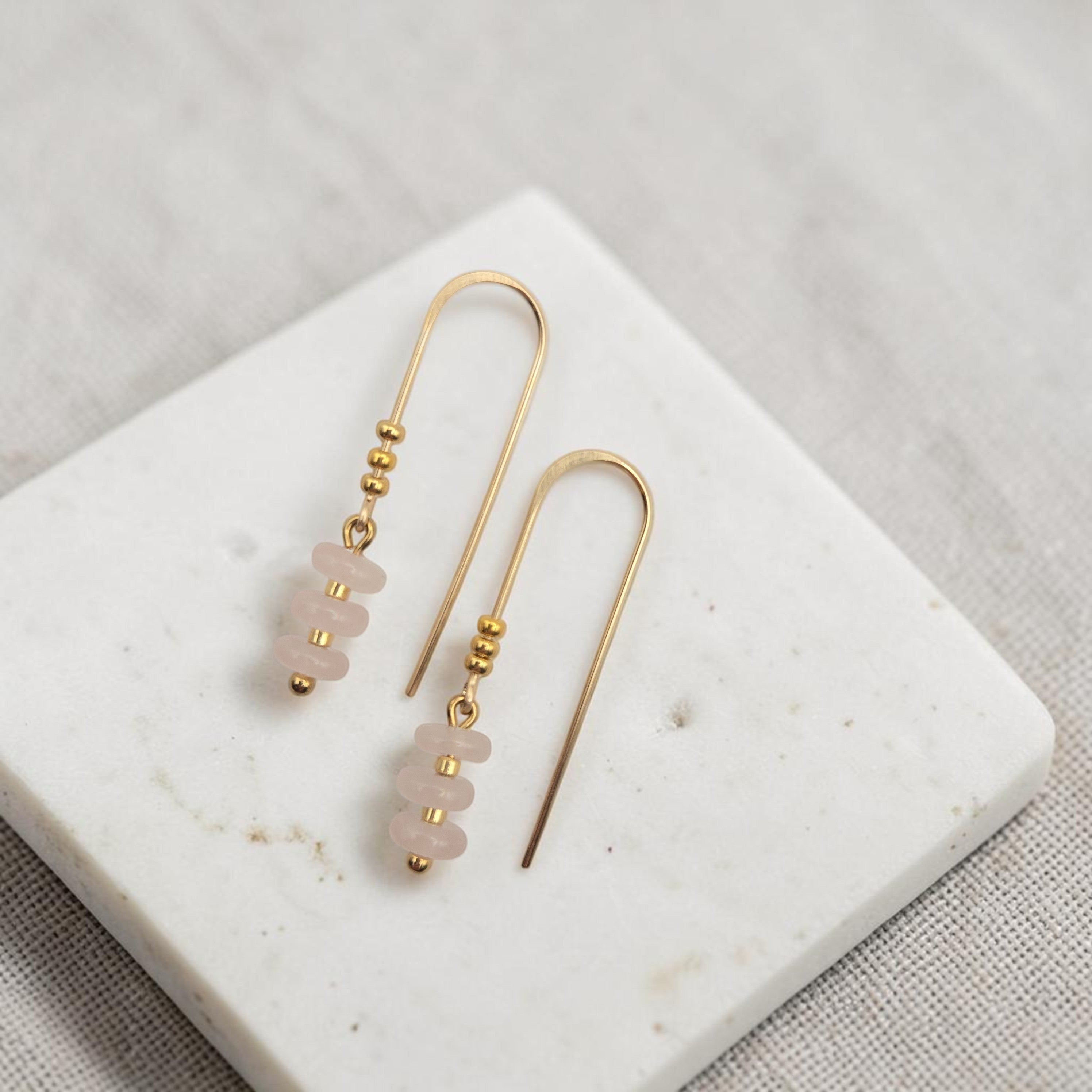Bijou by SAM Aurora threader earrings featuring blush pink rose quartz beads on 14k gold fill wire.