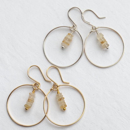Bijou by SAM handmade hoop earrings featuring square-cut pale yellow and tan Rutilated Quartz stones on gold and silver