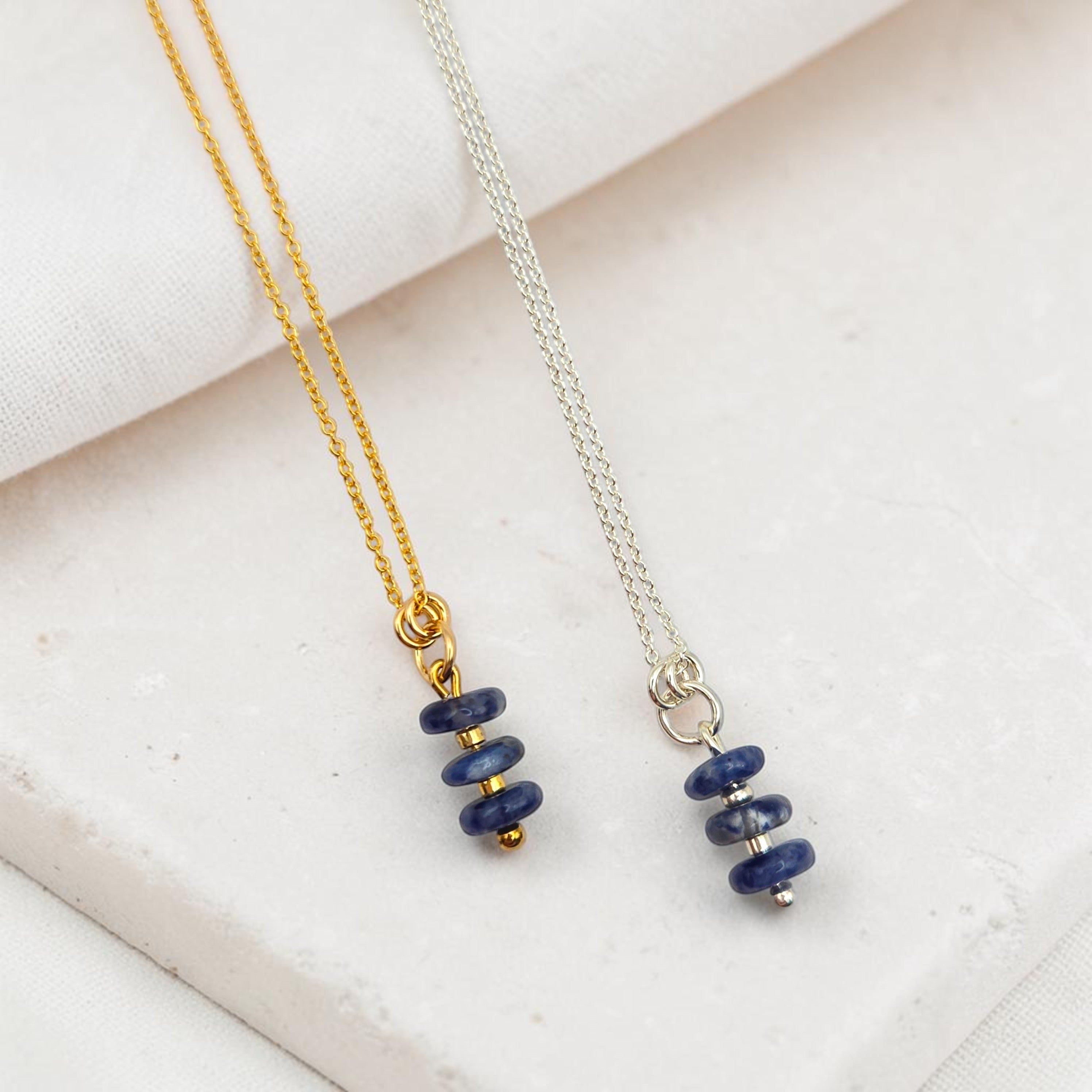 Bijou by SAM Milky Way necklaces featuring deep blue sodalite gemstone beads on gold fill and sterling silver chains.