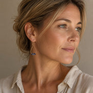 Bijou by SAM Milky Way teardrop hoop earrings featuring blue sodalite stones on 14k gold fill worn by a woman.
