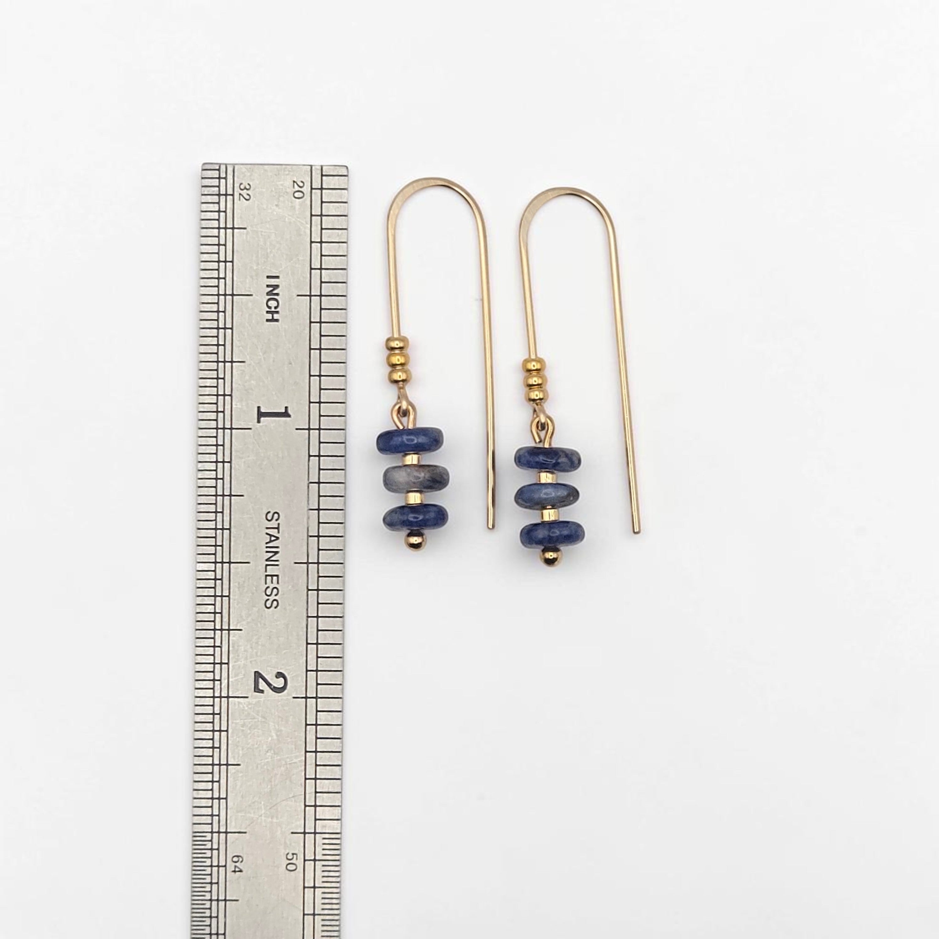 Bijou by SAM Milky Way threader earrings featuring deep blue sodalite beads on 14k gold filled wire with ruler scale