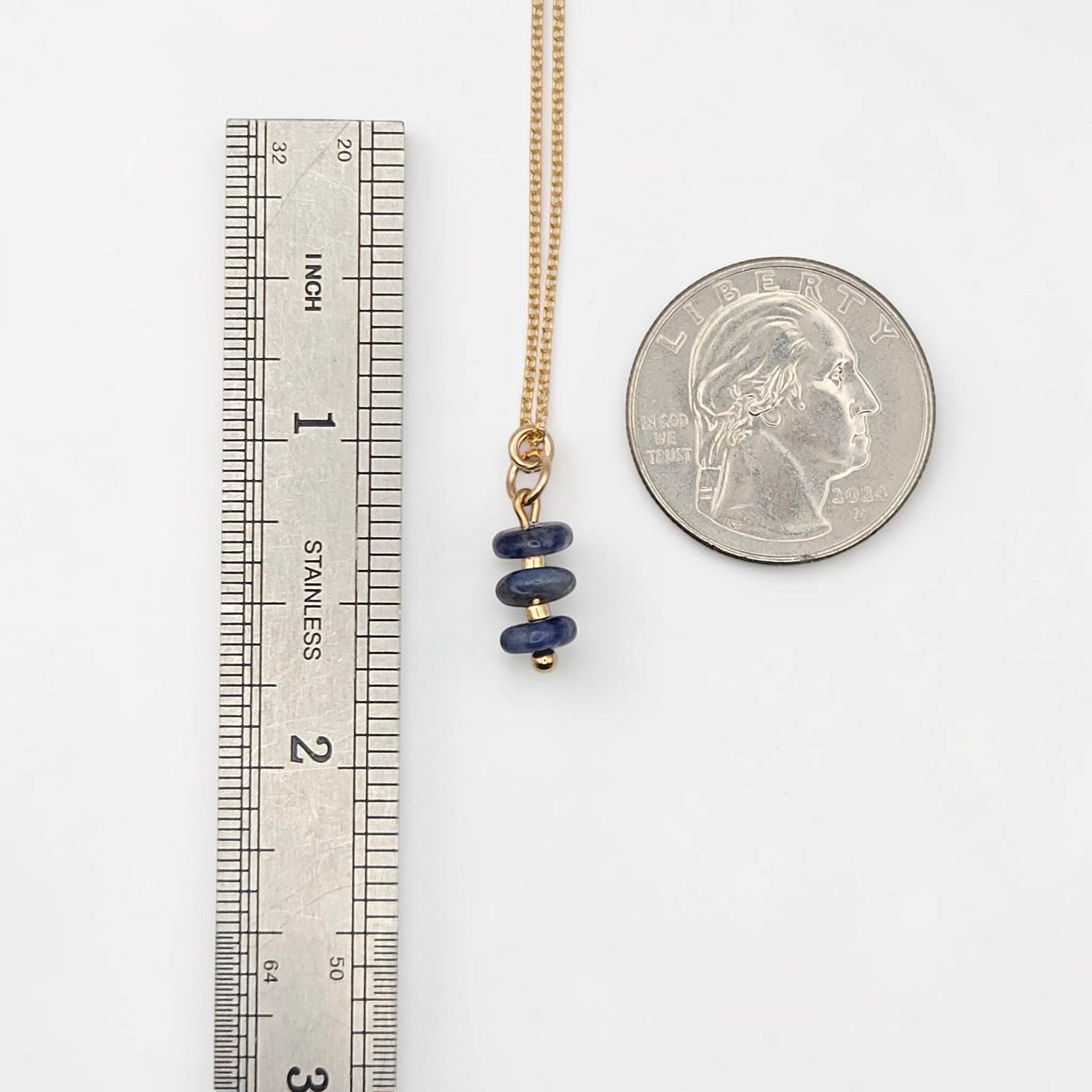 Bijou by SAM Milky Way necklace featuring three blue sodalite gemstone beads on a delicate gold chain with scale