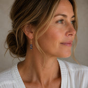 Bijou by SAM Milky Way threader earrings featuring deep blue sodalite beads on 14k gold fill worn by a woman.