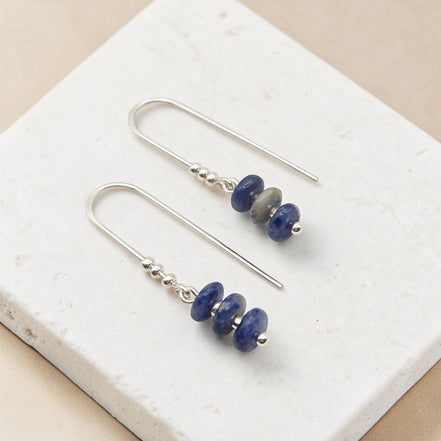 Bijou by SAM Milky Way threader earrings featuring deep blue sodalite beads on sterling silver chains.