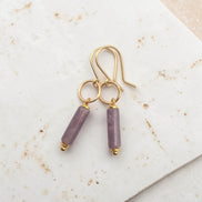 Bijou by SAM Sophia earrings featuring purple amethyst cylinder gemstones on handcrafted 14k gold fill hoops