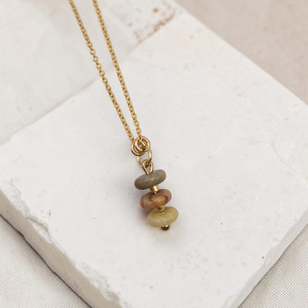 Bijou by SAM Stardust necklace featuring three stacked crazy lace agate stones on a delicate gold fill chain