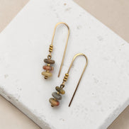 Bijou by SAM Stardust threader earrings featuring cream, coral, and tan crazy lace agate beads on 14k gold fill wire.