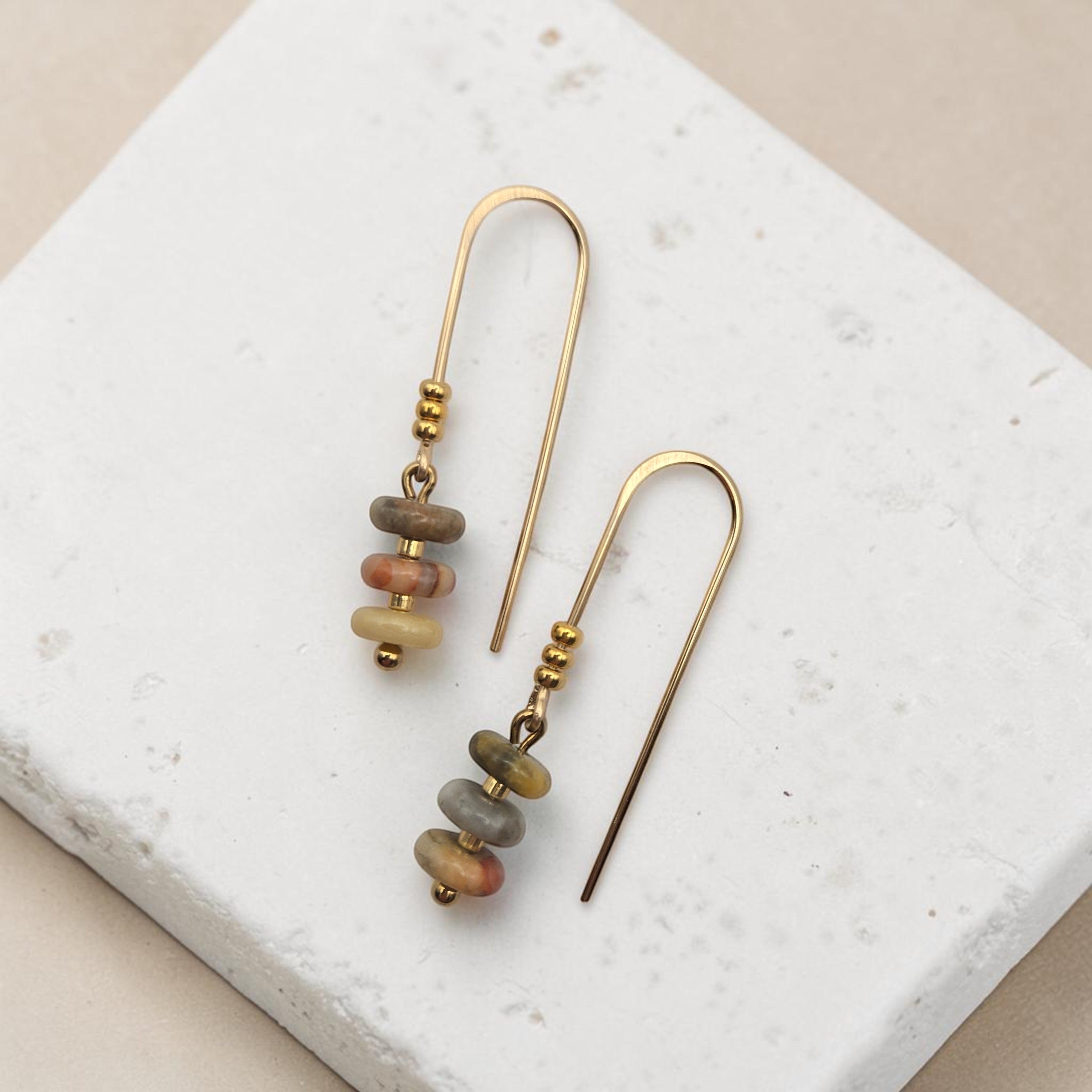Bijou by SAM Stardust threader earrings featuring cream, coral, and tan crazy lace agate beads on 14k gold fill wire.