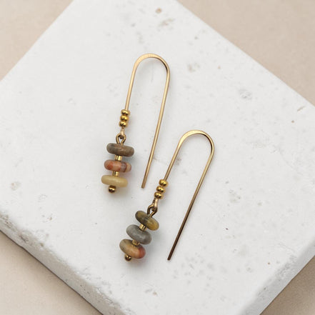 Bijou by SAM Stardust threader earrings featuring cream, coral, and tan crazy lace agate beads on 14k gold fill wire.