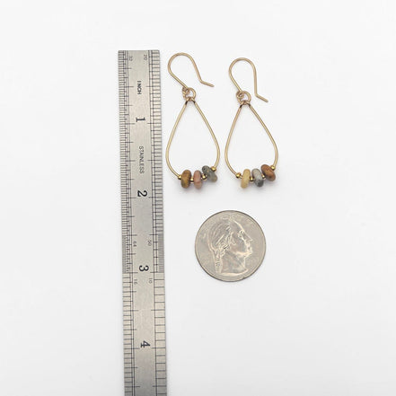 Bijou by SAM Stardust teardrop hoop earrings featuring crazy lace agate stones on 14k gold fill wire with ruler scale.