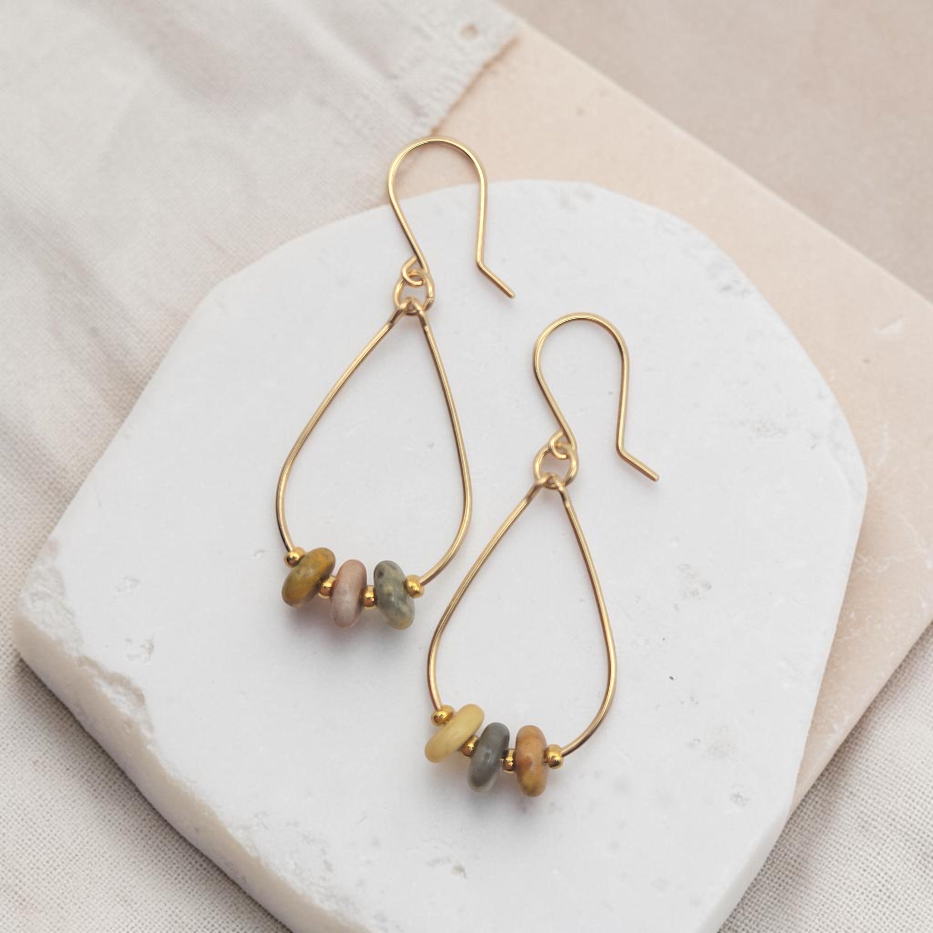 Bijou by SAM Stardust teardrop hoop earrings featuring crazy lace agate stones on 14k gold fill wire