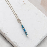 Bijou by SAM Still Water necklace featuring natural blue apatite tube beads on a delicate sterling silver chain.