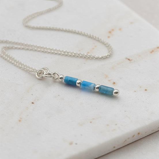 Bijou by SAM Still Water necklace featuring blue apatite tube beads on a delicate sterling silver chain.