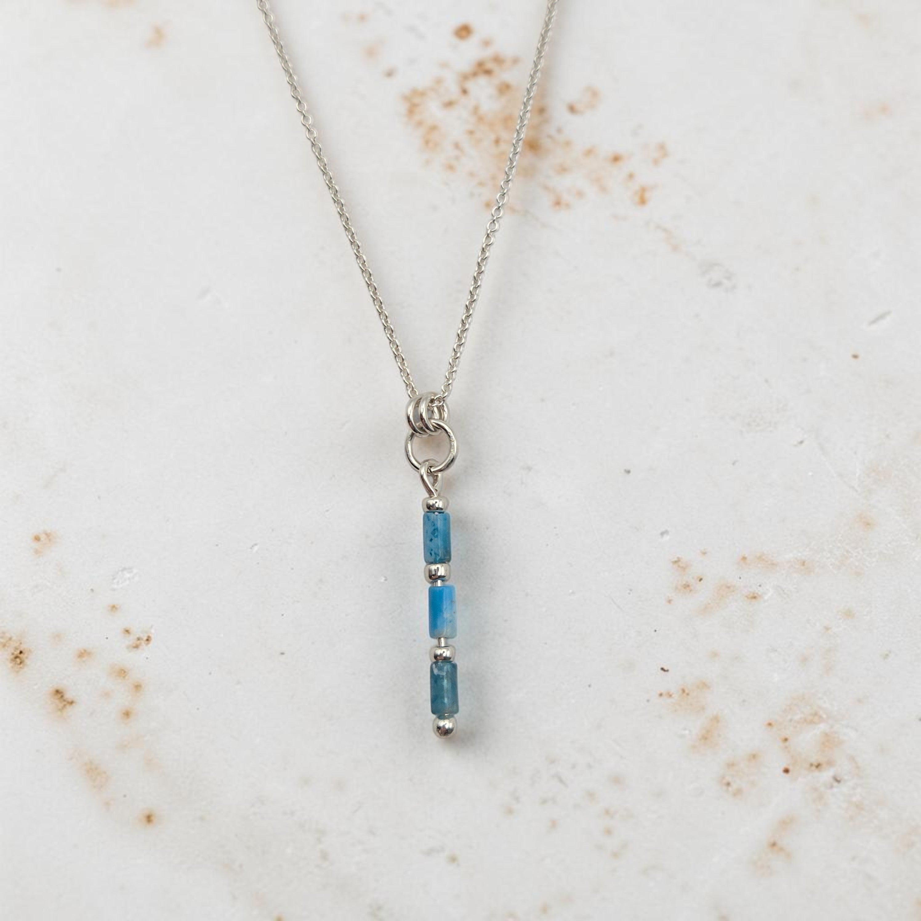 Bijou by SAM Still Water necklace featuring natural blue apatite tube beads on a delicate sterling silver chain.