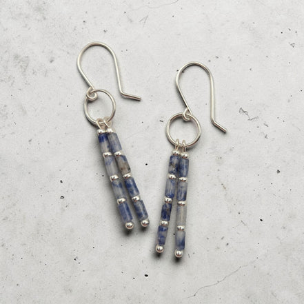 Bijou by SAM Stone Creek earrings featuring blue spot jasper tube beads and sterling silver hoops.
