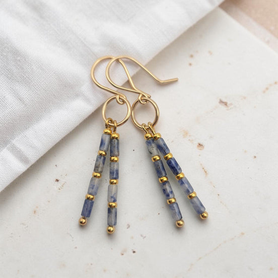 Bijou by SAM Stone Creek earrings featuring blue spot jasper tube beads and 14k gold fill handmade hoops.