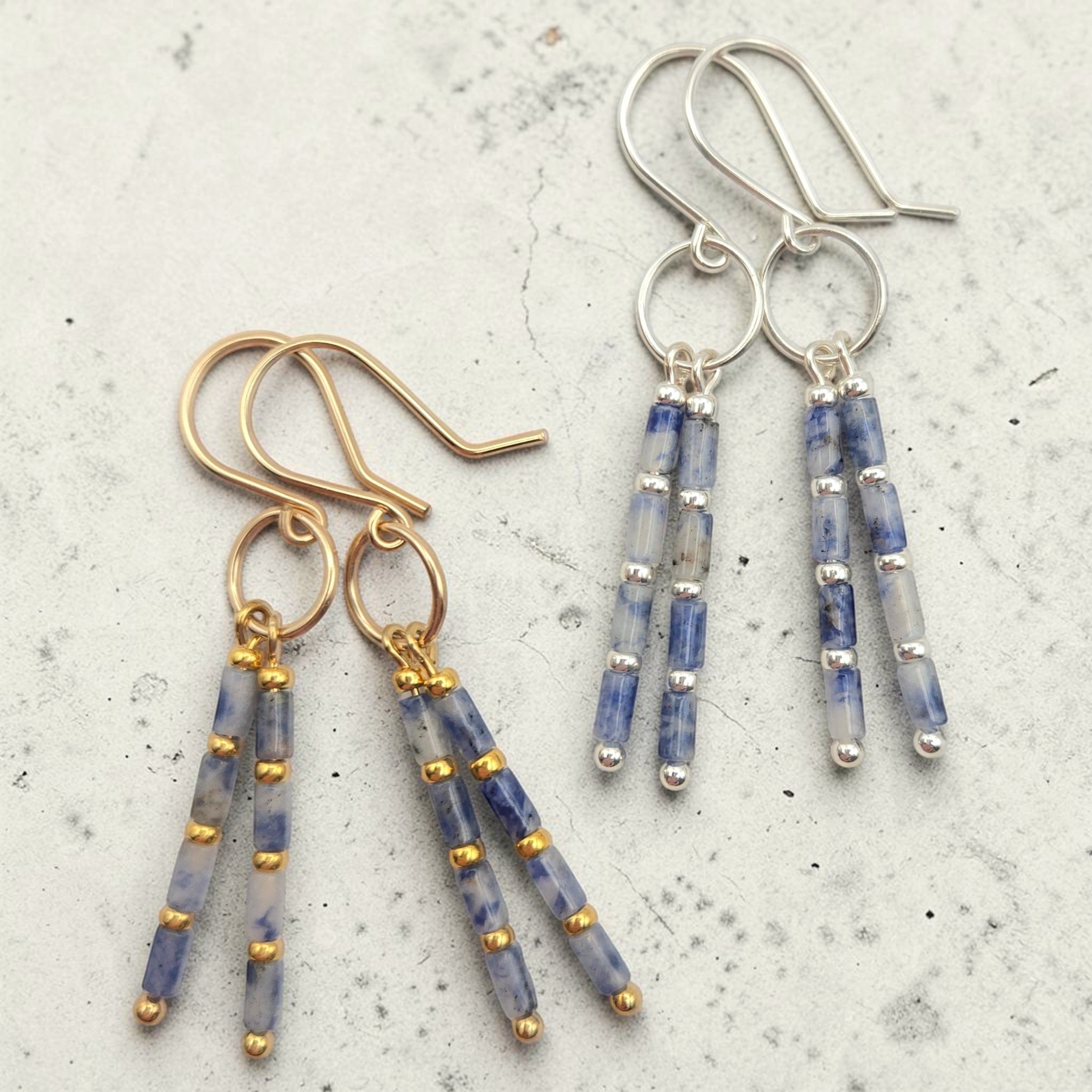 Bijou by SAM Stone Creek dangle earrings with blue spot jasper tube beads in 14k gold fill and sterling silver.