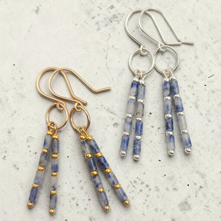 Bijou by SAM Stone Creek dangle earrings with blue spot jasper tube beads in 14k gold fill and sterling silver.