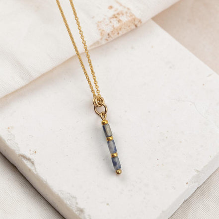 Bijou by SAM Stone Creek necklace featuring blue spot jasper tube beads on a delicate 14k gold fill chain
