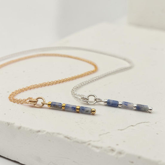 Bijou by SAM Stone Creek necklaces featuring blue spot jasper tube beads on gold fill and sterling silver chains.