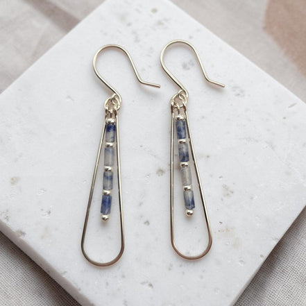 Bijou by SAM Stone Creek teardrop earrings featuring blue spot jasper tube beads on sterling silver hoops.