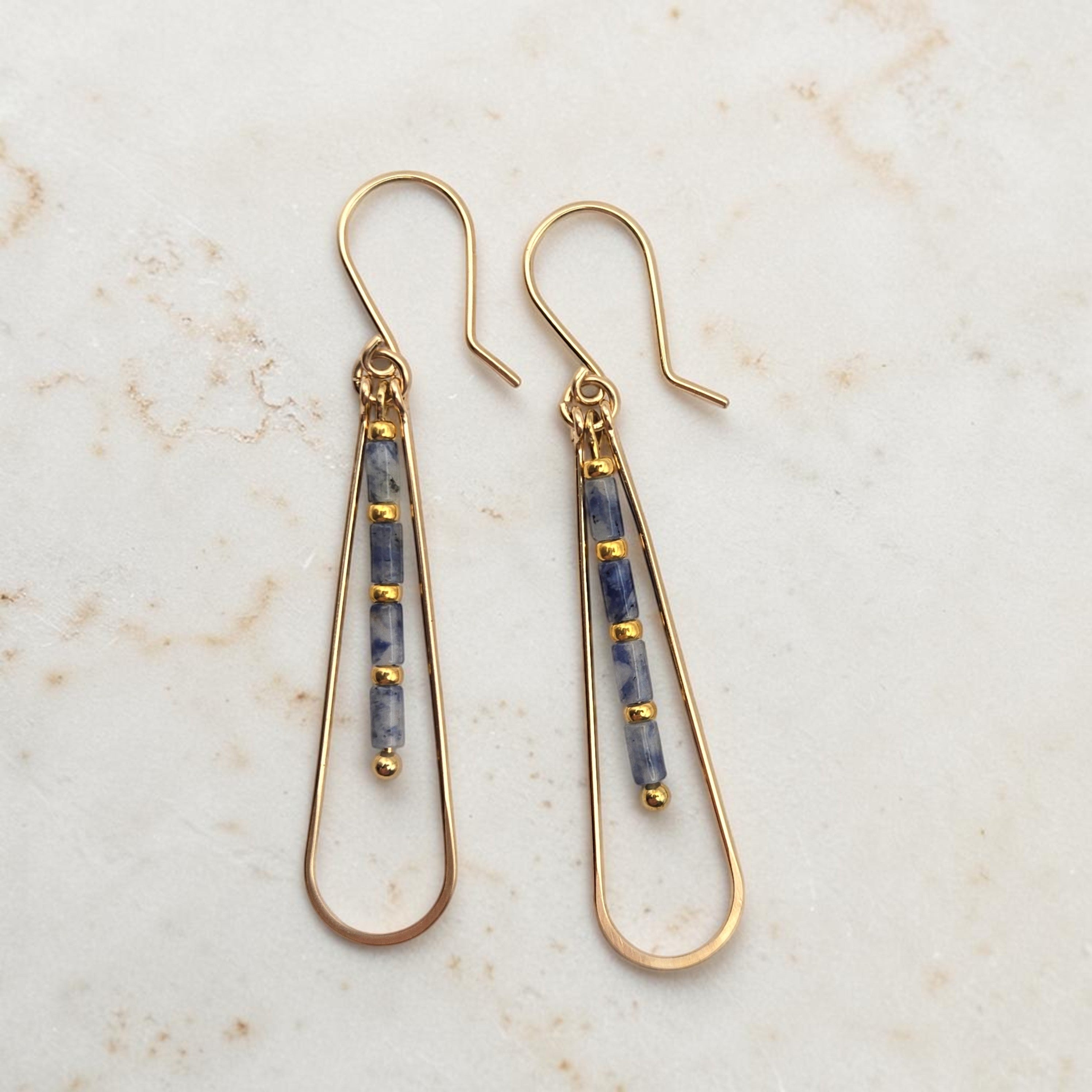 Bijou by SAM Stone Creek teardrop earrings featuring blue spot jasper tube beads and 14k gold fill hoops.