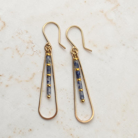 Bijou by SAM Stone Creek teardrop earrings featuring blue spot jasper tube beads and 14k gold fill hoops.