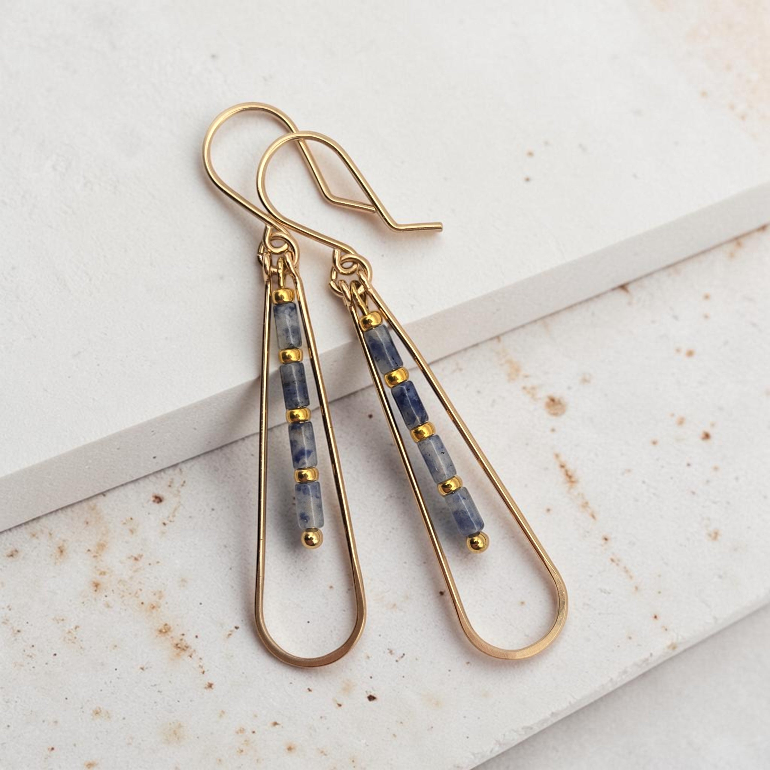 Bijou by SAM Stone Creek teardrop hoop earrings with blue spot jasper tube beads and 14k gold fill wire.