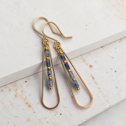 Bijou by SAM Stone Creek teardrop hoop earrings with blue spot jasper tube beads and 14k gold fill wire.