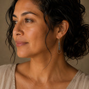 Bijou by SAM Still Water teardrop earrings with blue Apatite beads worn by a woman in profile