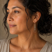 Bijou by SAM Open Sky teardrop earrings with Aqua Terra Jasper beads on a woman wearing a neutral top