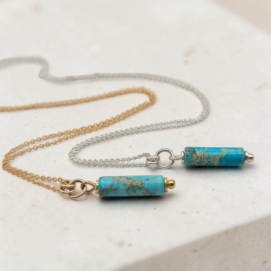 Bijou by SAM Mia necklace featuring turquoise jasper cylinder beads on delicate gold fill and sterling silver chains.