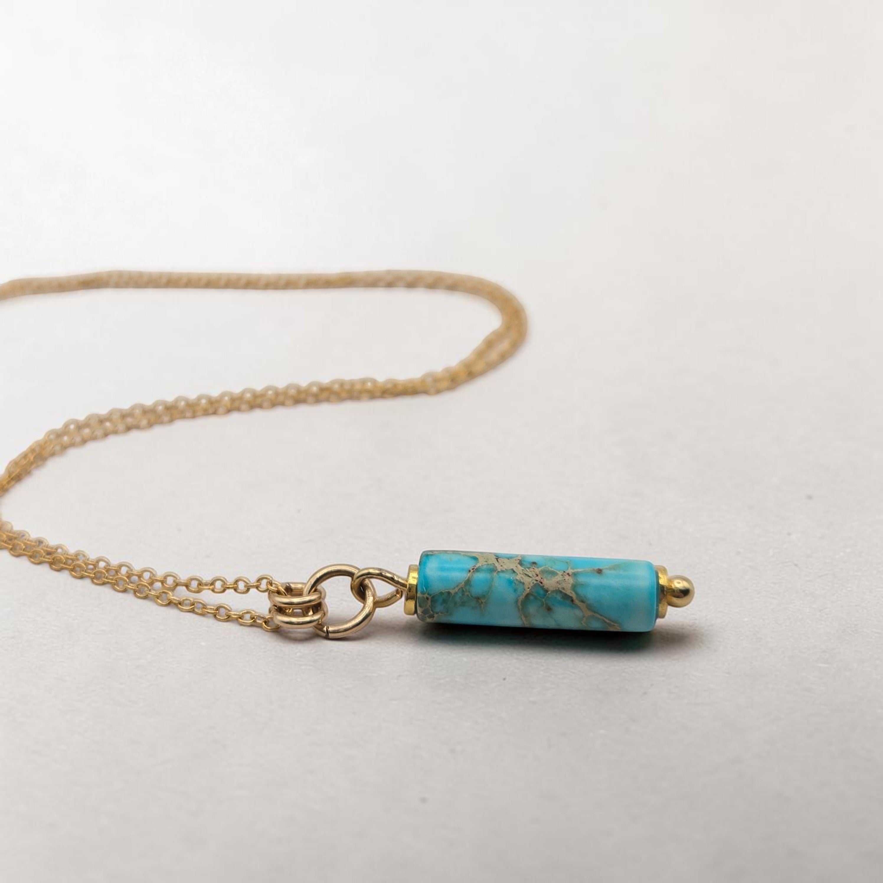 Bijou by SAM Mia necklace featuring a turquoise jasper cylinder bead on a delicate 14k gold fill chain