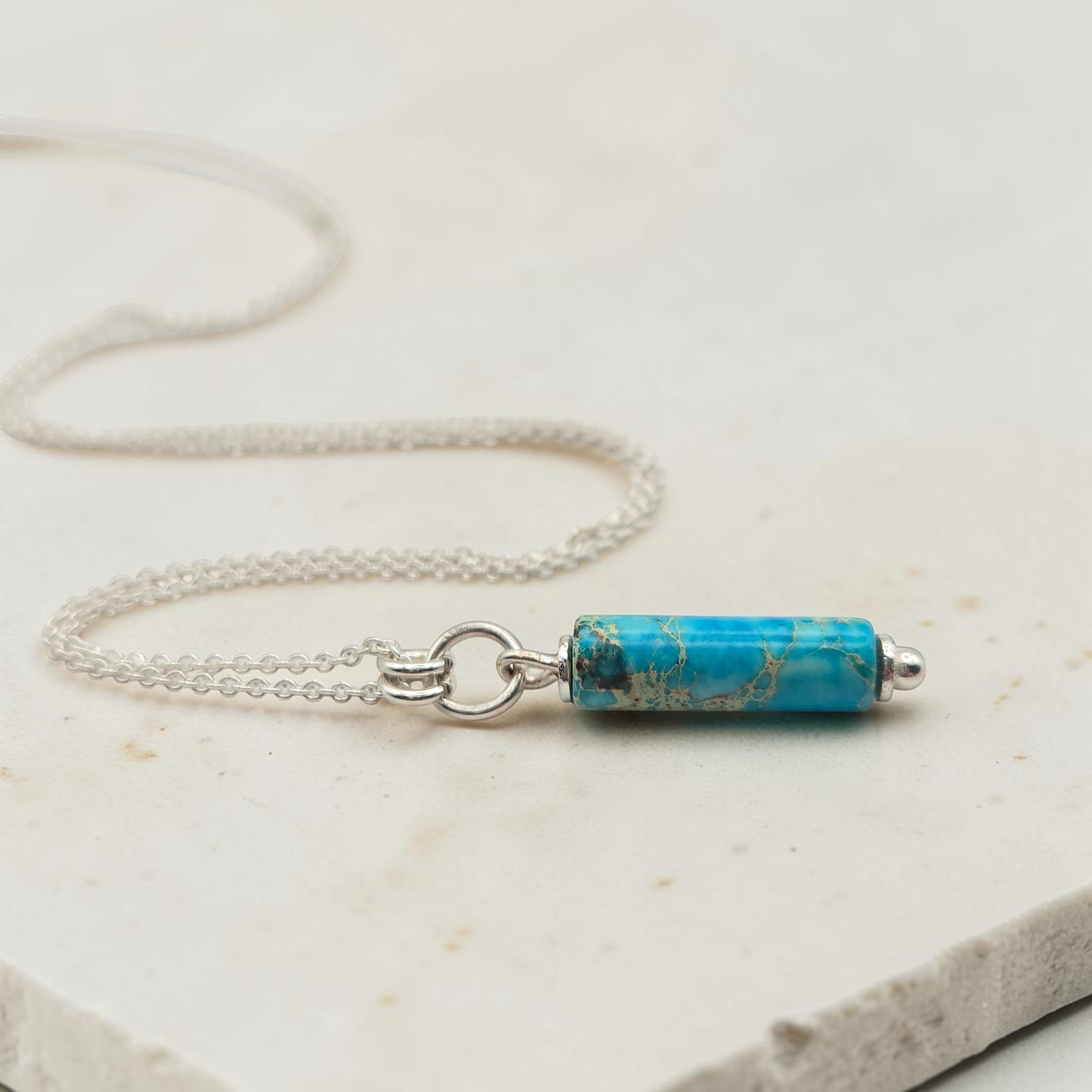 Bijou by SAM Mia necklace featuring a turquoise jasper cylinder bead on a delicate sterling silver chain.