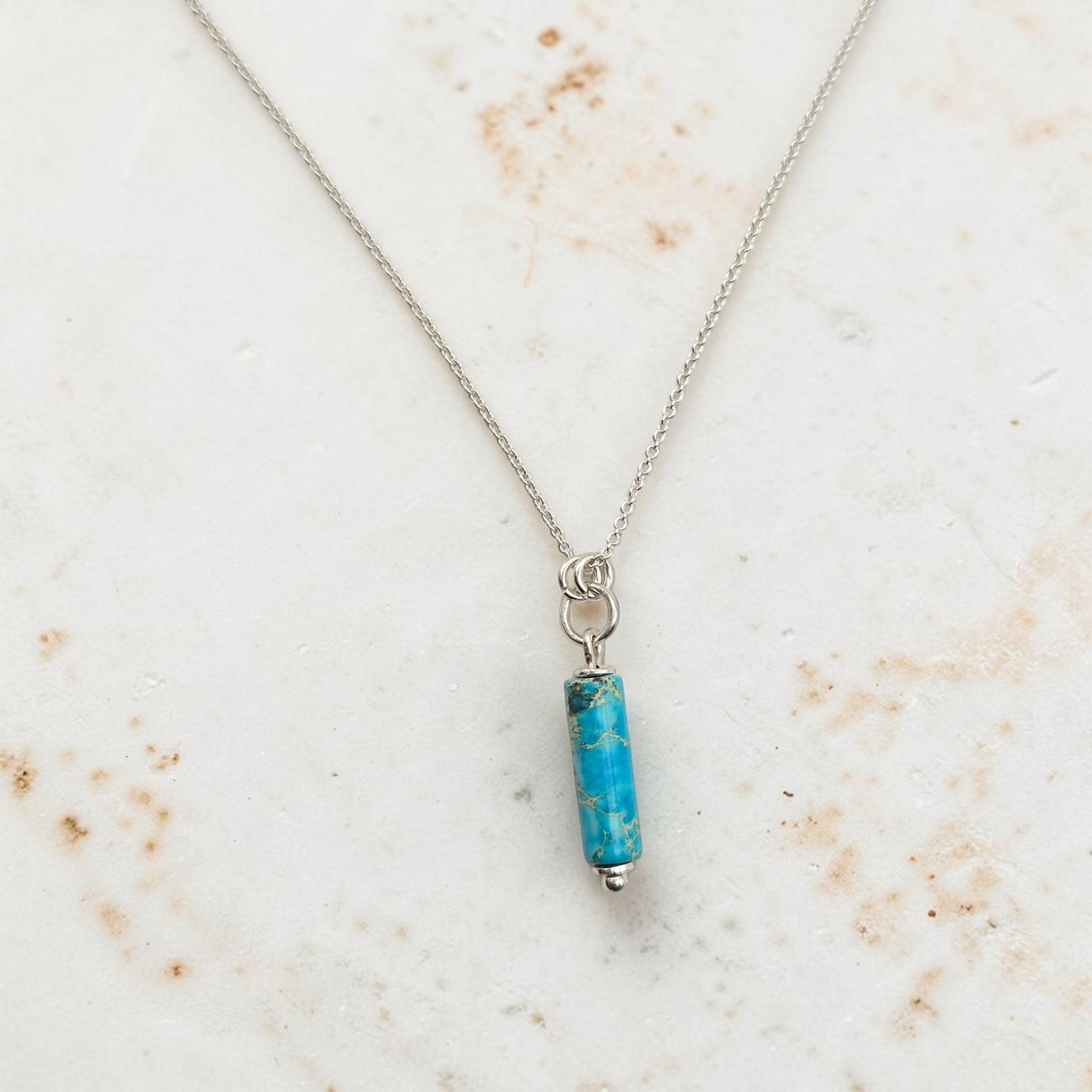 Bijou by SAM Mia necklace featuring a turquoise jasper cylinder pendant on a delicate sterling silver chain.