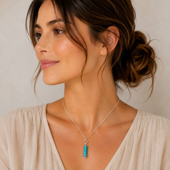 Bijou by SAM Mia necklace featuring a turquoise jasper cylinder pendant on a delicate sterling silver chain