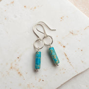 Bijou by SAM handmade sterling silver earrings featuring turquoise jasper cylinder stones on simple hoops