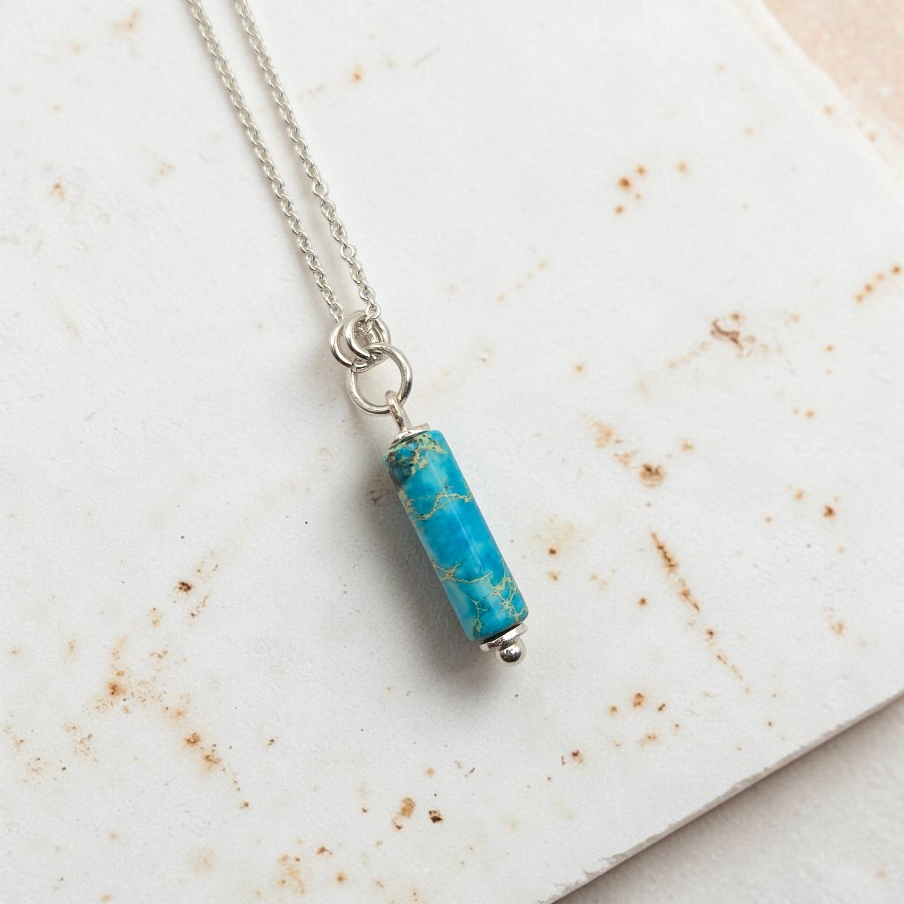 Bijou by SAM Mia necklace featuring a turquoise jasper cylinder bead on a delicate sterling silver chain.