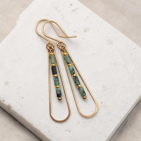 Bijou by SAM Mother Earth teardrop earrings featuring African Turquoise beads and 14k gold fill wire.