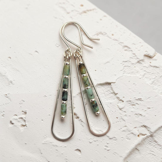 Bijou by SAM Mother Earth teardrop earrings featuring African Turquoise tube beads set in Argentium Sterling Silver.