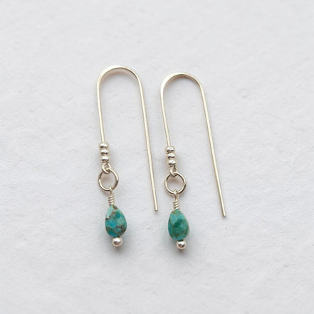 Bijou by SAM handcrafted silver threader earrings featuring genuine teardrop turquoise gemstones on a white background